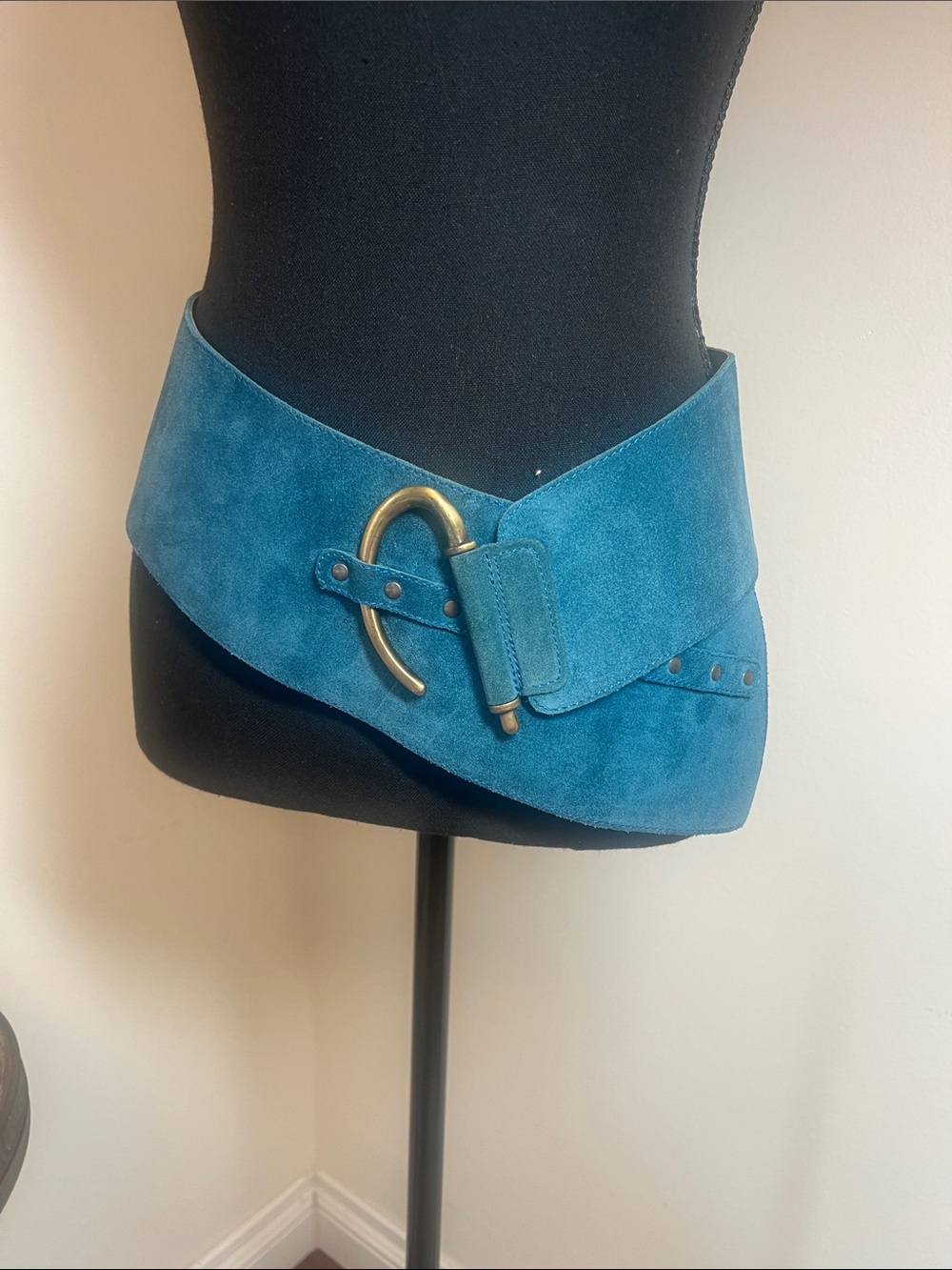 Vintage Blue Suede Wide Hip Belt W/Brass Buckle